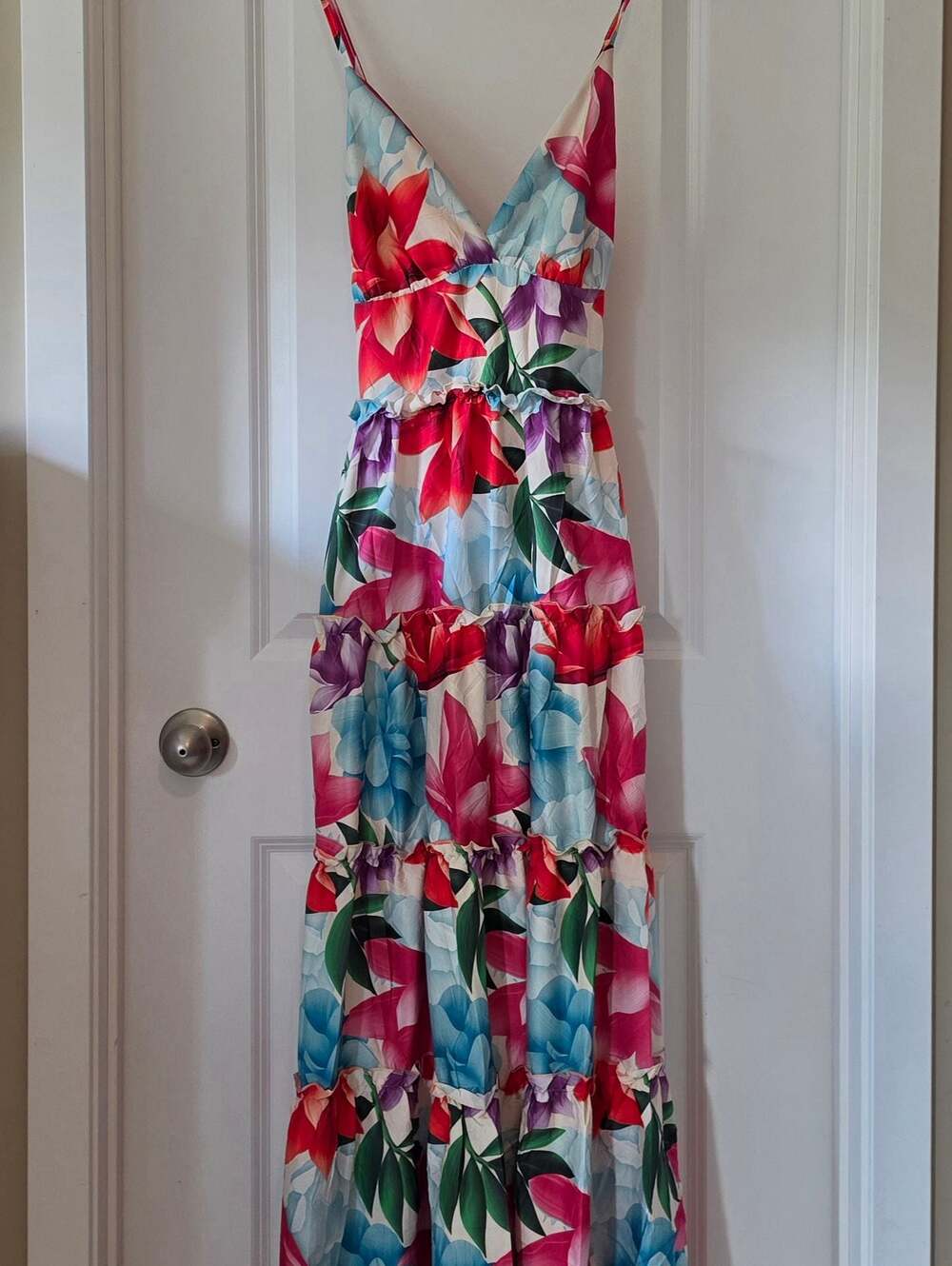 Mengsi M Floral Maxi Dress Tiered Ruffle Smocked Back Tropical Cotton Vacation